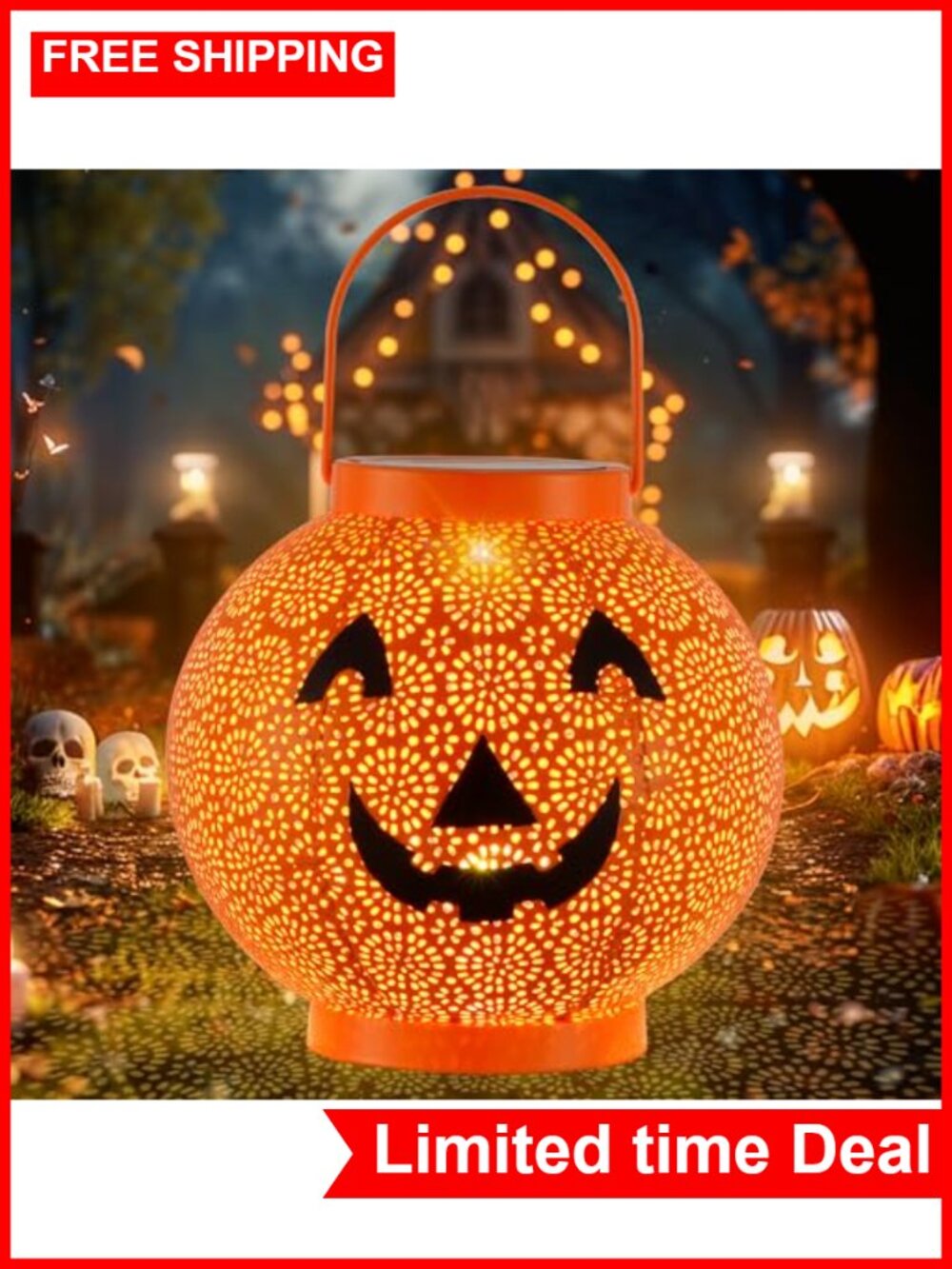 Solar Powered Metal Pumpkin Lantern LED Halloween Hanging Outdoor Decor